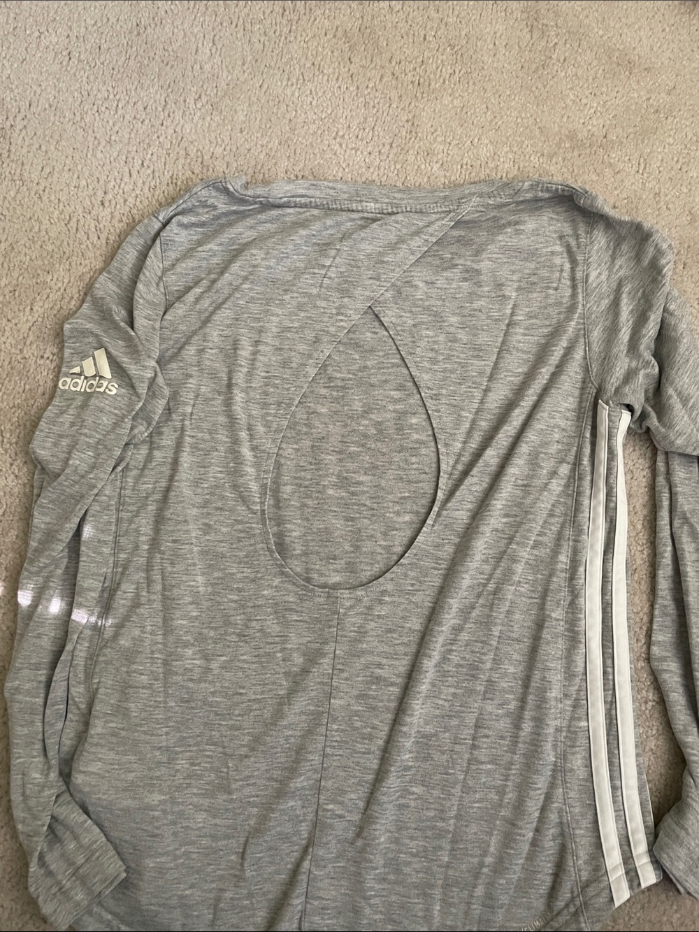 adidas Women’s Long-Sleeve Heather Gray Top with White Stripes and Pink Trim - Picture 2 of 4